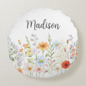 Monogram Waterverf Wilde Bloemen Bloemstuk Botanis Rond Kussen (Voorkant)