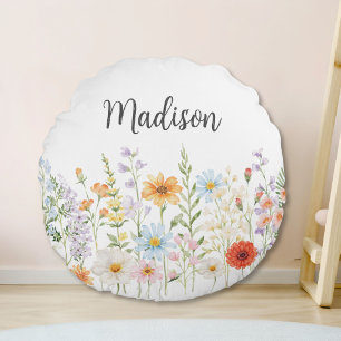 Monogram Waterverf Wilde Bloemen Bloemstuk Botanis Rond Kussen