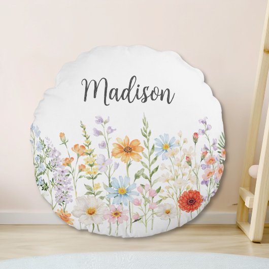 Monogram Waterverf Wilde Bloemen Bloemstuk Botanis Rond Kussen