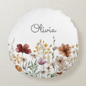 Monogram Waterverf Wildflower Bloemen Rond Kussen (Voorkant)