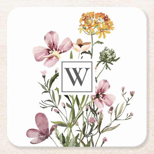 Monogram Waterverf Wildflower Boeket #1 Kartonnen Onderzetters (Voorkant)