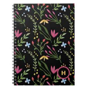 Monogram Waterverf Wildflower Zwart Botanisch Notitieboek