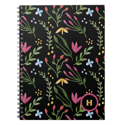 Monogram Waterverf Wildflower Zwart Botanisch Notitieboek (Voorkant)