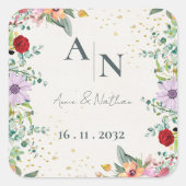 Monogram Waterverf Wildflowers Floral Wedding Vierkante Sticker (Voorkant)