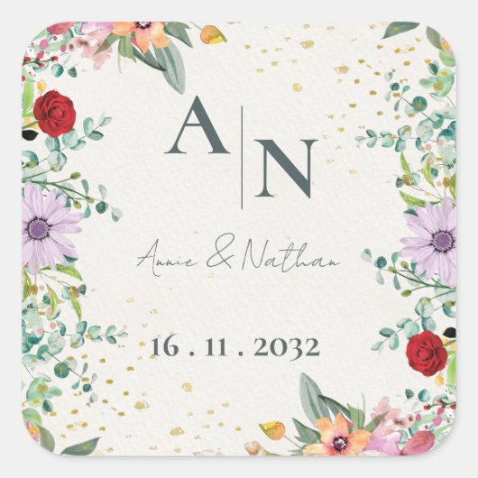 Monogram Waterverf Wildflowers Floral Wedding Vierkante Sticker (Voorkant)