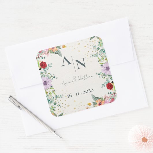 Monogram Waterverf Wildflowers Floral Wedding Vierkante Sticker (Envelop)