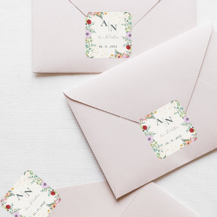 Monogram Waterverf Wildflowers Floral Wedding Vierkante Sticker