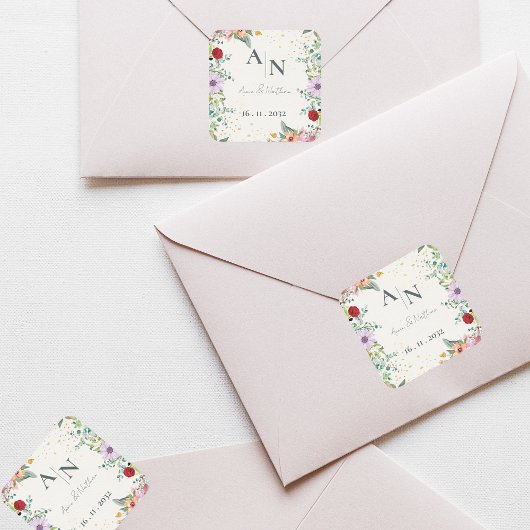 Monogram Waterverf Wildflowers Floral Wedding Vierkante Sticker