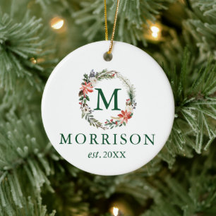 Monogram Waterverf Winter Bloemenkrans Nieuwgehuwd Keramisch Ornament