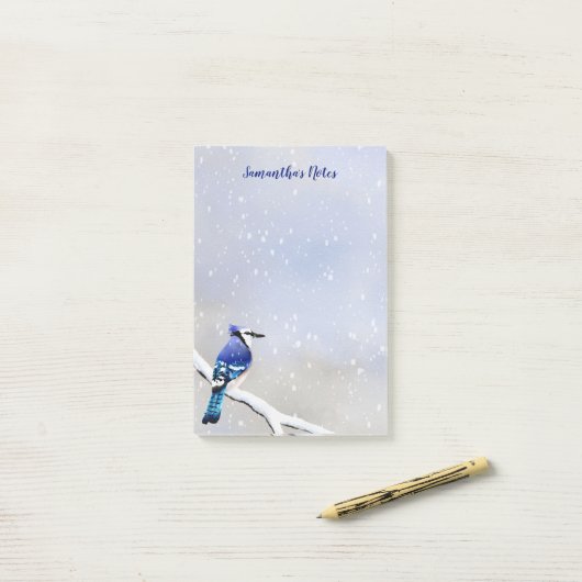 Monogram Waterverf Winter Sneeuwblauw Jay Post-it® Notes (Op bureau)