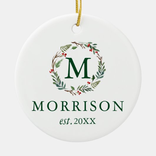 Monogram Waterverf Winter Wreath Pas getrouwd Keramisch Ornament (Voorkant)