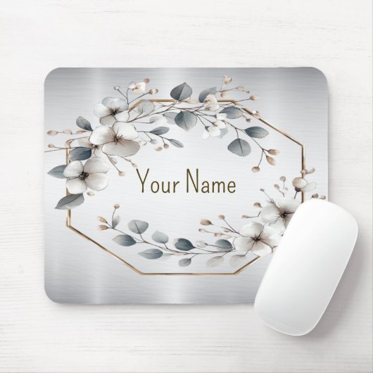 Monogram Waterverf Witte Bloemen Gouden Zilver Muismat (Met muis)