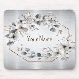 Monogram Waterverf Witte Bloemen Gouden Zilver Muismat