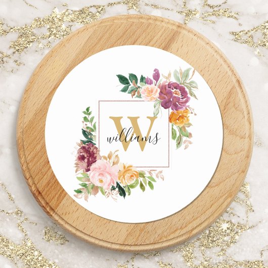 Monogram Waterverfrozen Gouden Bloem Bloemstuk Ronde Sticker