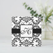 Monogram Weddenschap Black Swirl Damask Kaart (Staand voorkant)