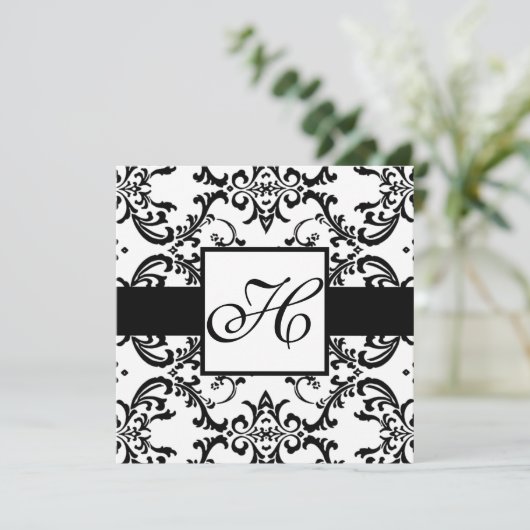Monogram Weddenschap Black Swirl Damask Kaart (Staand voorkant)