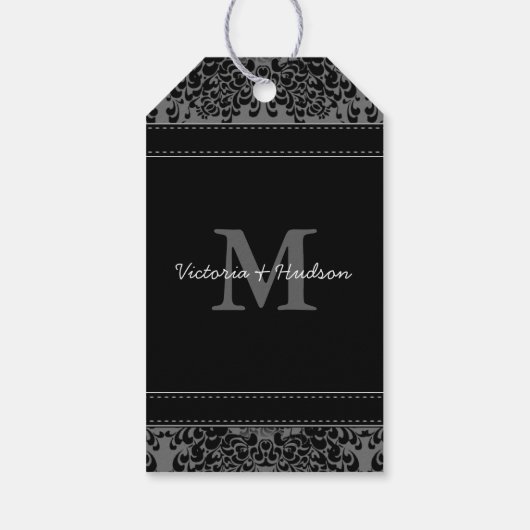 Monogram Weddenschap Foto Neutral Damask Pattern Cadeaulabel (Achterkant)