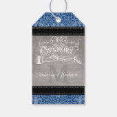 Monogram Weddenschap Foto Royal Blue Damask Patter Cadeaulabel (Achterkant)