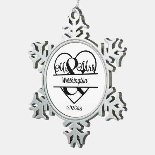 Monogram Weddenschap Heart Holiday Kerstmis Tin Sneeuwvlok Ornament (Rechts)