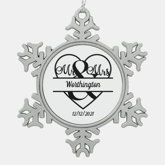 Monogram Weddenschap Heart Holiday Kerstmis Tin Sneeuwvlok Ornament (Voorkant)