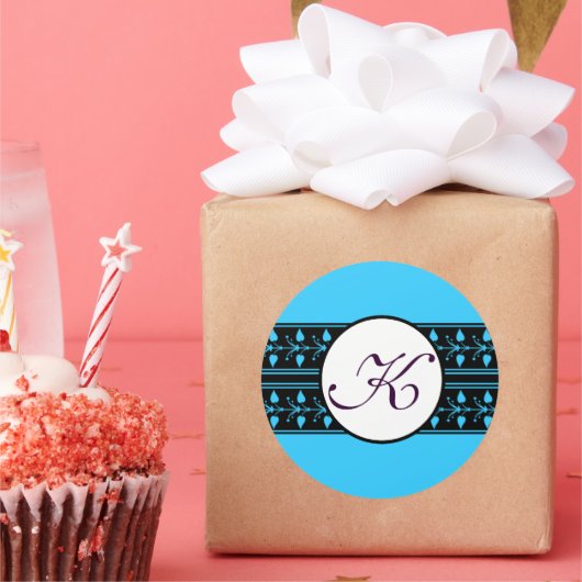 Monogram Weddenschap Heldere Blauwe Grenzen Ronde Sticker (Feest)