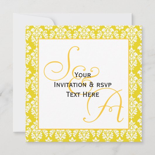 Monogram Weddenschap Uitnodigingen Geel Damask (Voorkant)