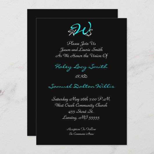 Monogram Weddenschap Zwart/Wit Uitnodiging (Voorkant / Achterkant)