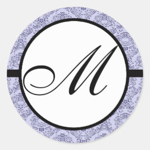 Monogram Wedding Blue Damask Ronde Sticker