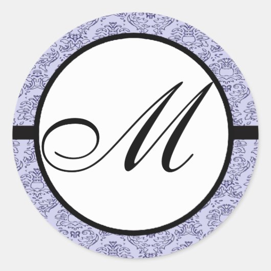 Monogram Wedding Blue Damask Ronde Sticker (Voorkant)