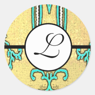 Monogram Wedding Brite Aqua Blue Borders Ronde Sticker