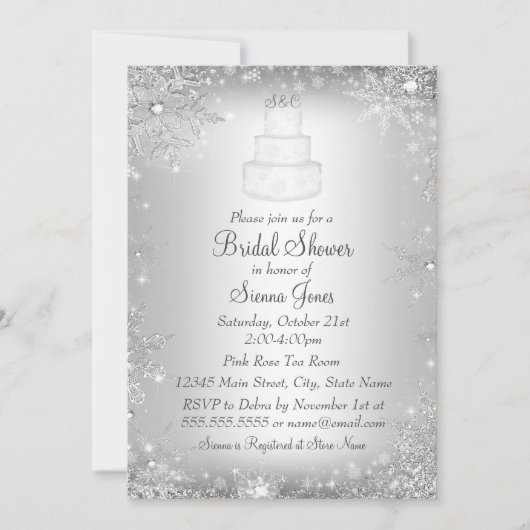 Monogram Wedding Cake Silver Vrijgezellenfeest Inv Kaart (Voorkant)