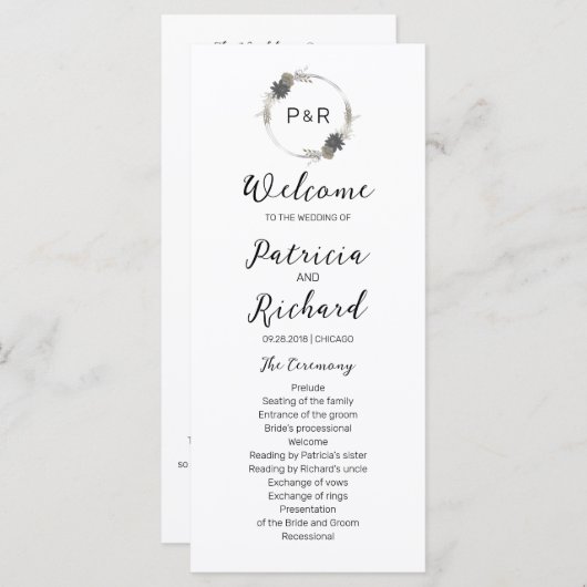 Monogram Wedding Ceremony Program 4x9 Kaart (Voorkant / Achterkant)