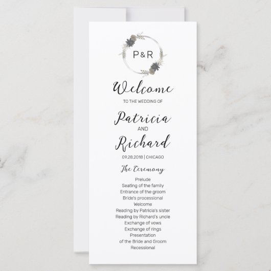 Monogram Wedding Ceremony Program 4x9 Kaart (Voorkant)