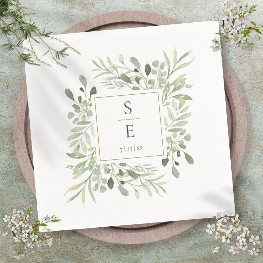 Monogram Wedding Greenery Foliage Gold Napkins Servet