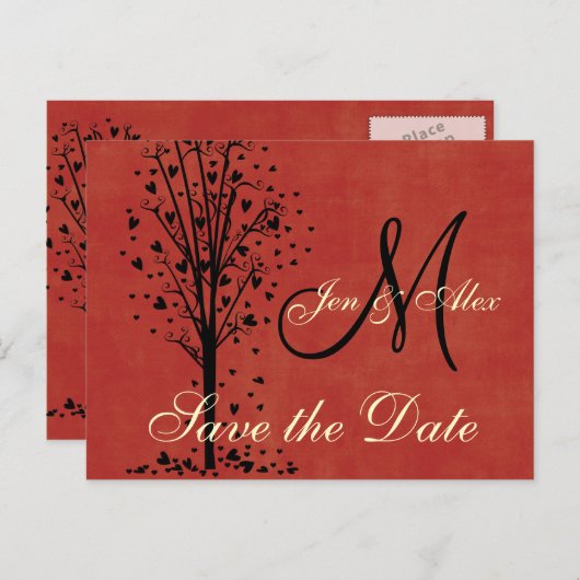 Monogram Wedding Heart Tree Save the Date Cards Aankondigingskaart (Voorkant / Achterkant)