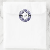 Monogram Wedding Kanji voor Love Blue Damask Ronde Sticker (Tas)