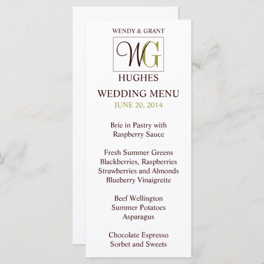 Monogram Wedding Logo Receptie Menu Kaart (Voorkant / Achterkant)