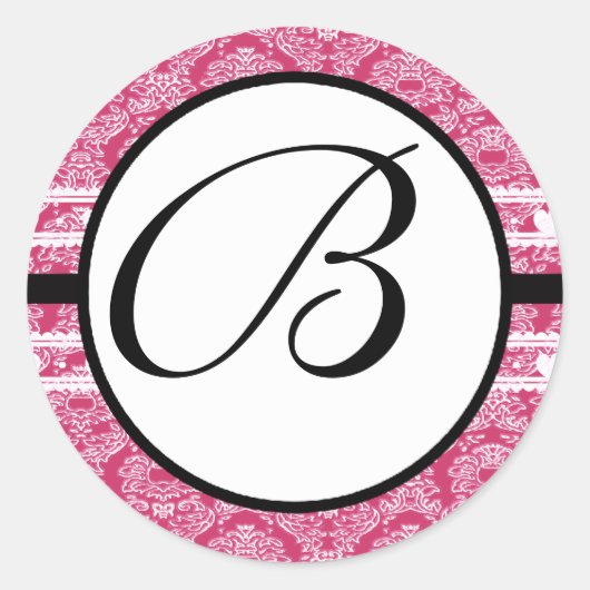 Monogram Wedding Raspberry Damask Ronde Sticker (Voorkant)