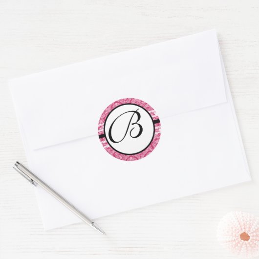 Monogram Wedding Raspberry Damask Ronde Sticker (Envelop)