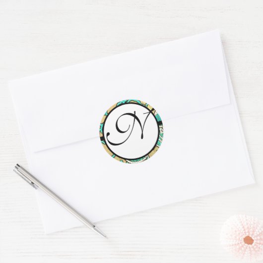 Monogram Weduwblauwe Grenzen Ronde Sticker (Envelop)