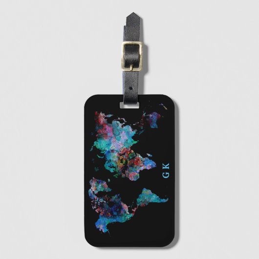 Monogram Wereldkaart reizen Waterverf schilderen Bagagelabel (Voorkant (verticaal))