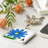 Monogram Whimsical Blauwe Madeliefje Sleutelhanger (Zijkant)