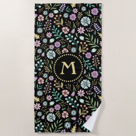 Monogram Whimsical Flowers op Black Beach Towel Strandlaken