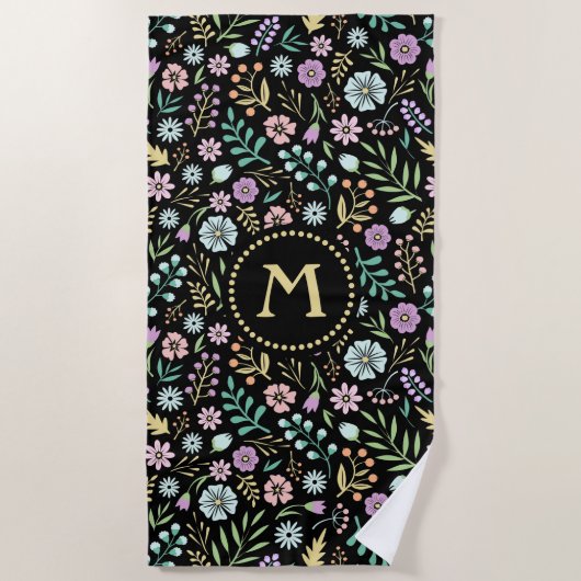 Monogram Whimsical Flowers op Black Beach Towel Strandlaken (Voorkant)