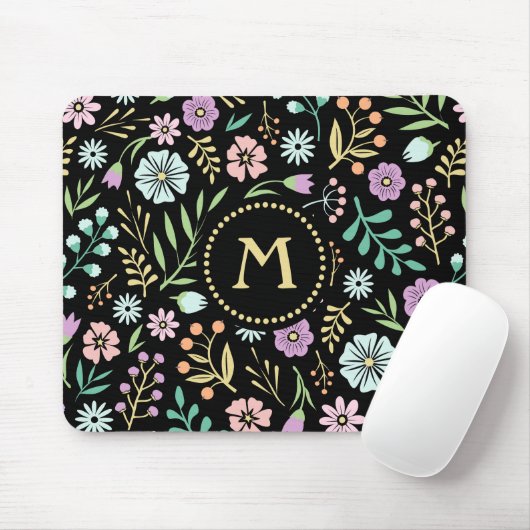 Monogram Whimsical Flowers op Black Mousepad Muismat (Met muis)