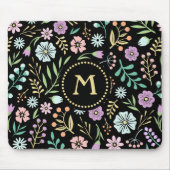Monogram Whimsical Flowers op Black Mousepad Muismat (Voorkant)