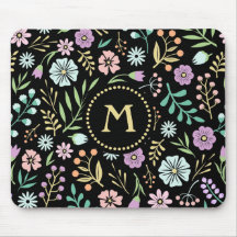 Monogram Whimsical Flowers op Black Mousepad