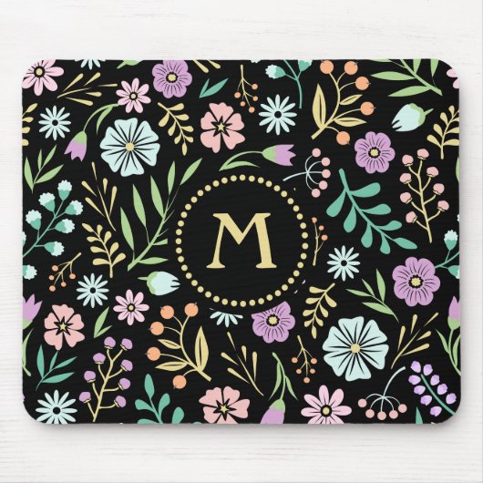 Monogram Whimsical Flowers op Black Mousepad Muismat (Voorkant)
