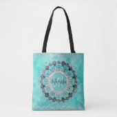 Monogram Whimsical Glittery Lotus Mandala over Bla Tote Bag (Voorkant)