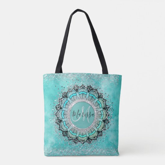 Monogram Whimsical Glittery Lotus Mandala over Bla Tote Bag (Achterkant)